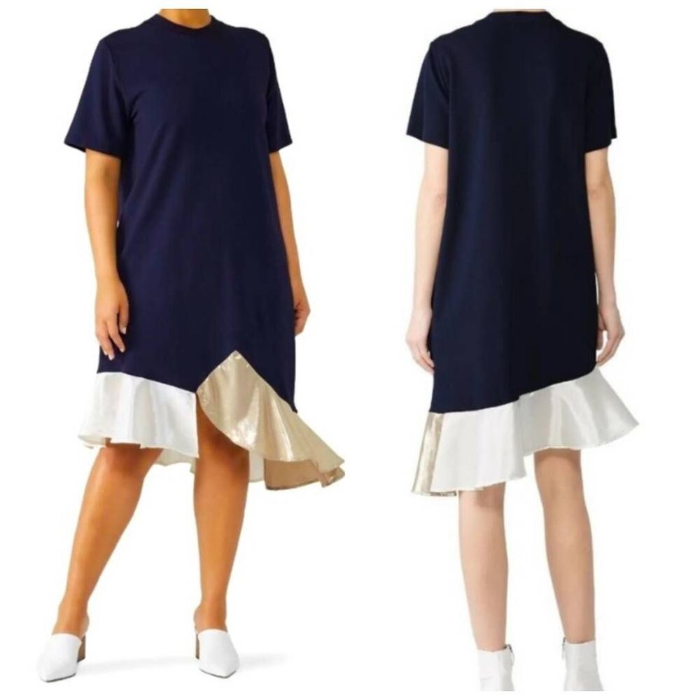 CLU Navy Blue Jersey Dress Metallic Ruffle Hem